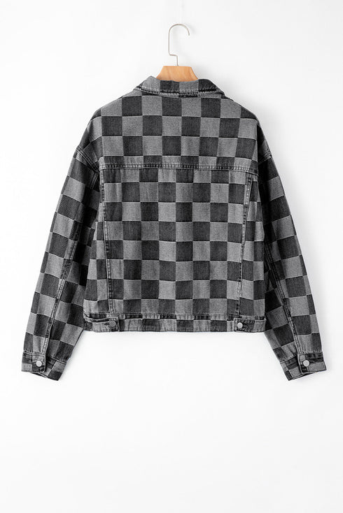 Checkered Patchwork Button up Denim Jacket